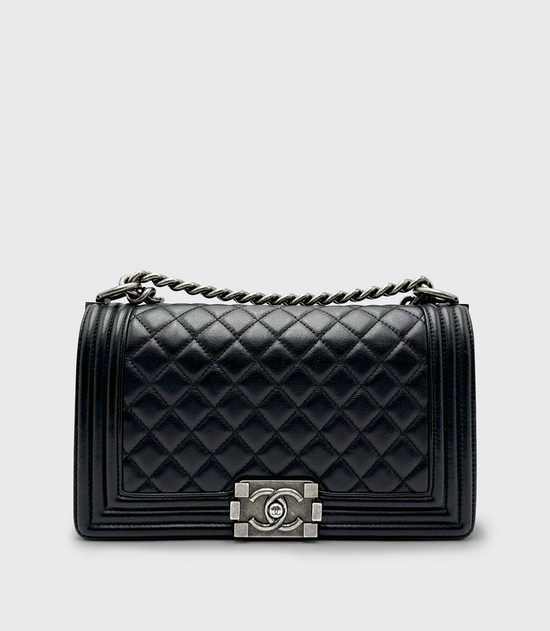 Chanel Boy Bag Calfskin Black GHW  Medium  BelovedLux